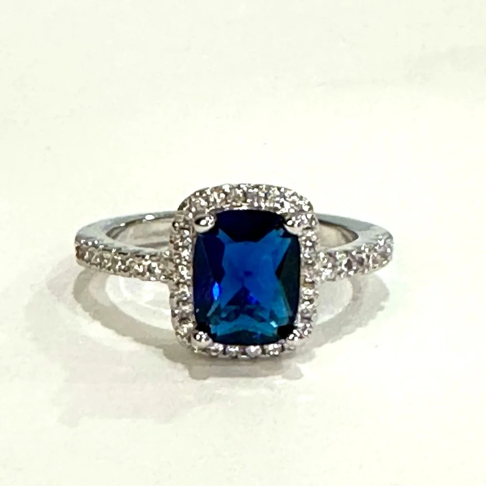 Tibetan Silver stamped .925 stimulated sapphire 6x8mm‎ zirconia halo 7.5 8 8
